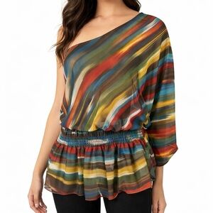 Ophah Collection One Shoulder
Blouse Medium Multicolor Stripe
Boho Peplum Top